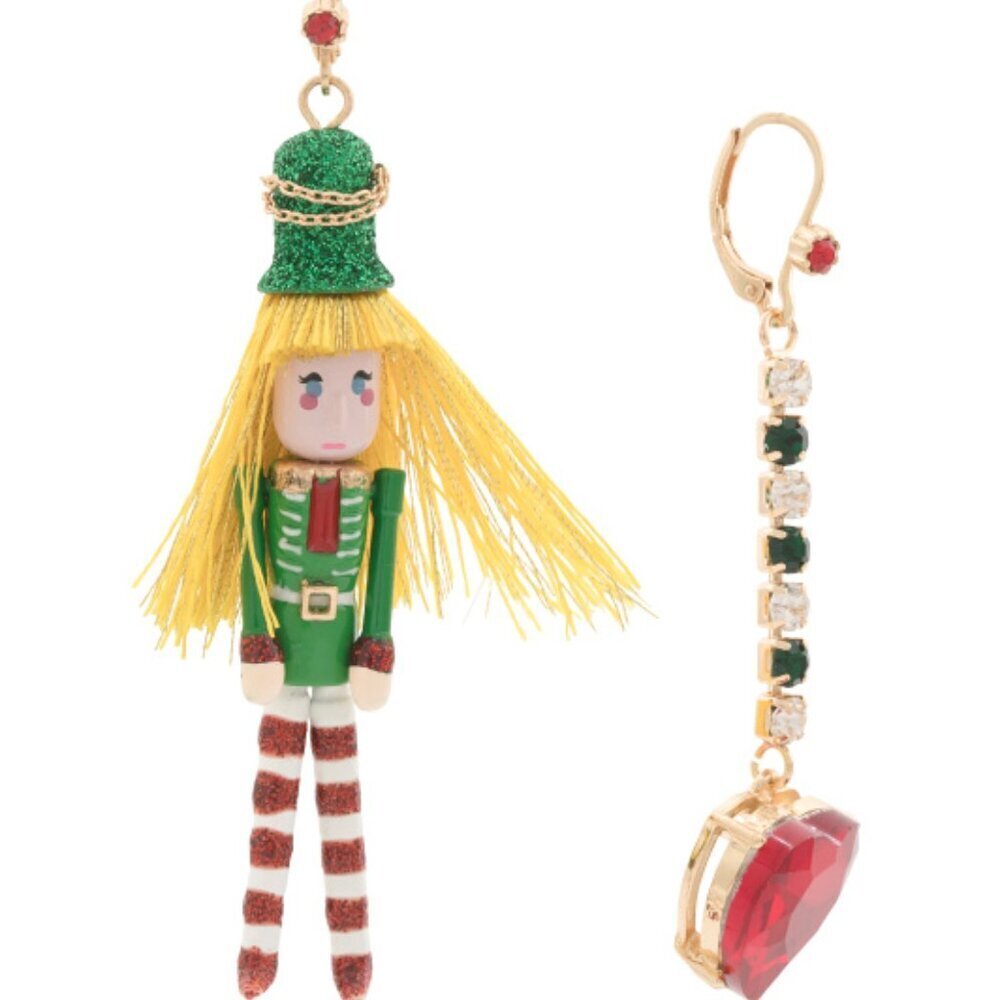 NWT BETSEY JOHNSON Christmas Green Red Nutcracker Doll Heart Mismatched Earrings